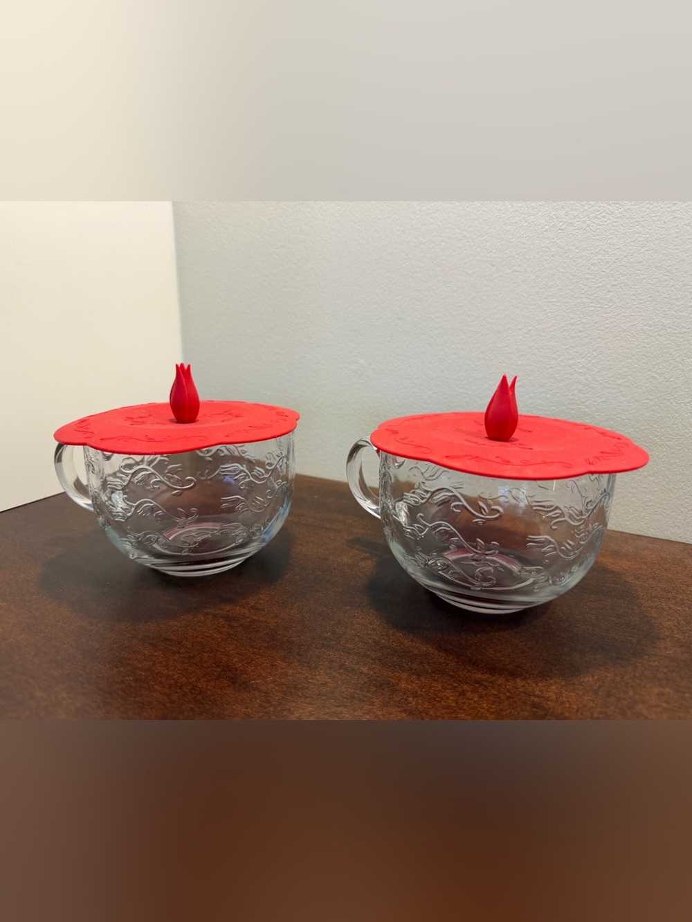 Princess House Fantasia Soup Mugs with red lids. Set of 2